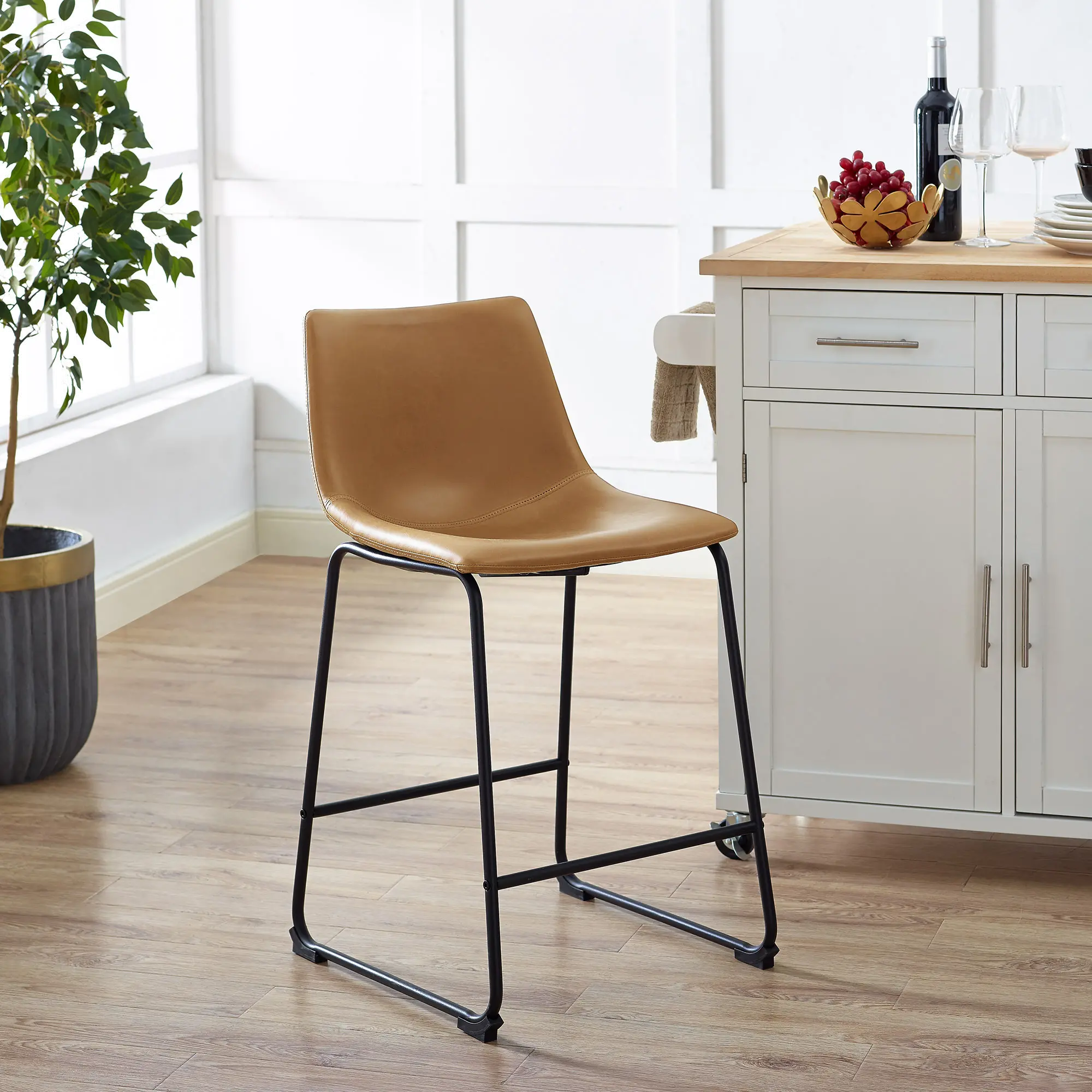 Slope Saddle Brown Counter Height Stool， Set of 2 - Walker Edison