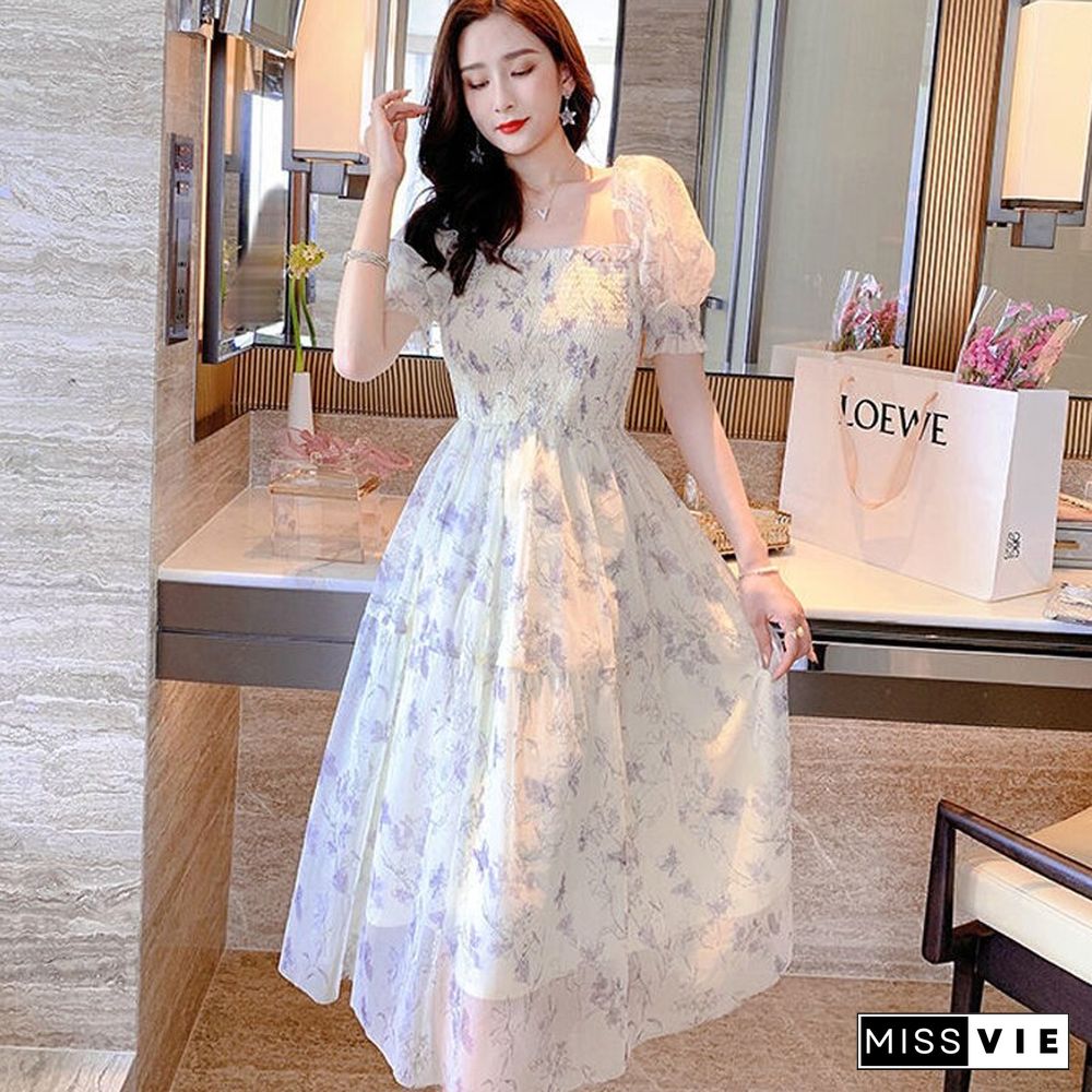 Fashion Chiffon Women Sweet Dress Summer Print High Waist Elegant Puff Sleeve Vestidos Vintage Square Collar A-Line Dress New