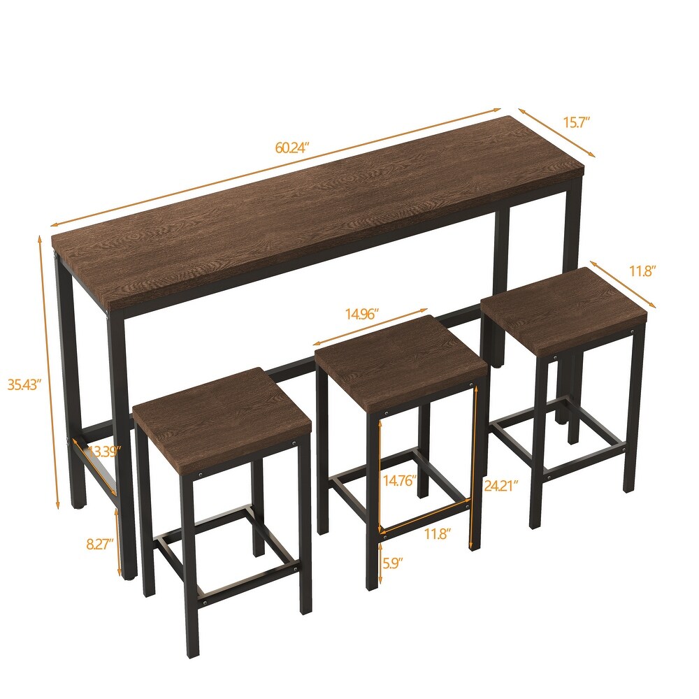 4 Piece Counter Height Long Dining Table Set with 3 Stools   Footrest  Kitchen Dining Table Pub Table Set  Dark Brown