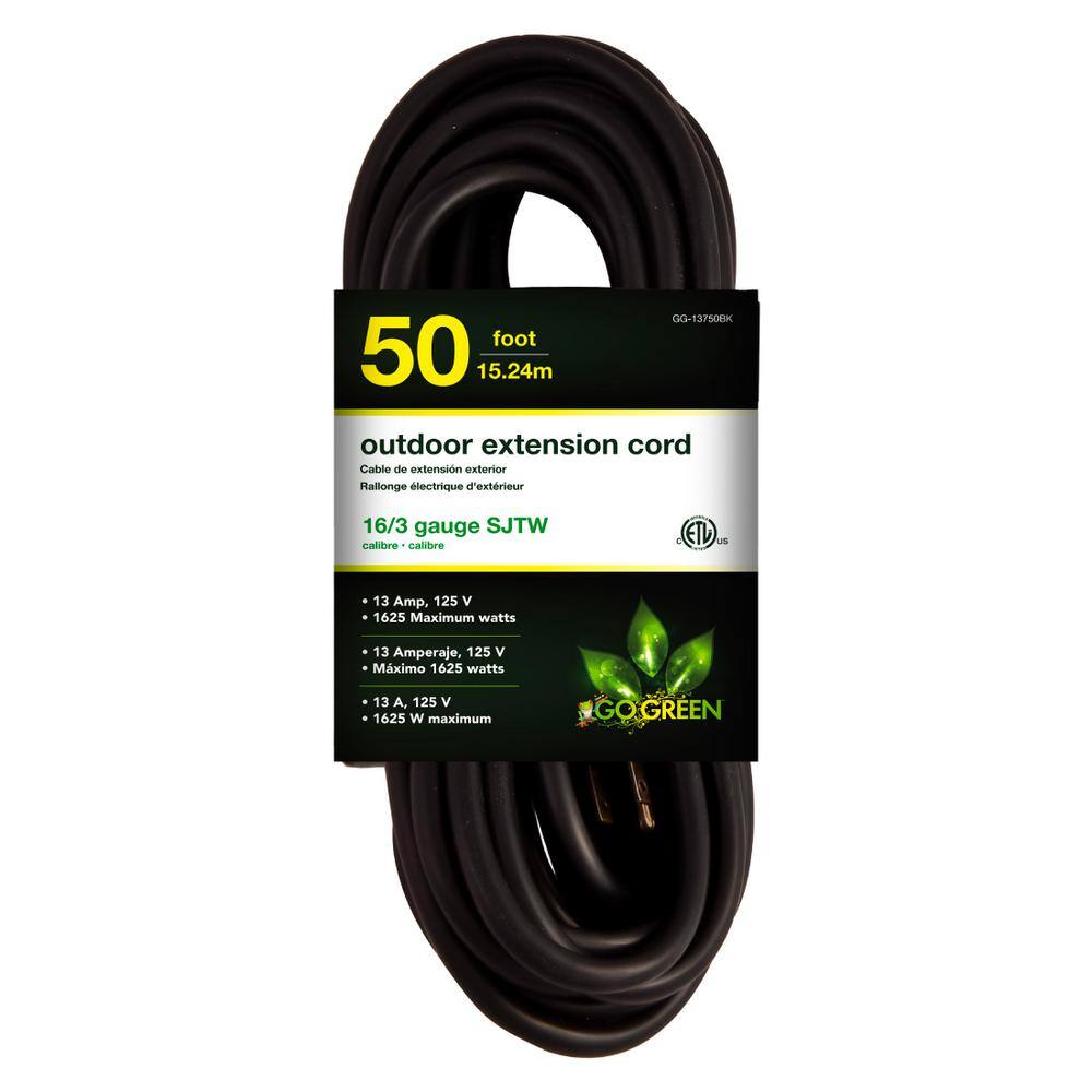 GoGreen Power 50 ft. 163 SJTW Outdoor Extension Cord - Black GG-13750BK