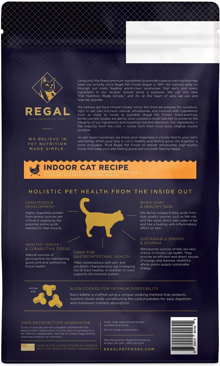 Regal Pet Foods Indoor Cat Recipe Dry Cat Food， 4-lb bag