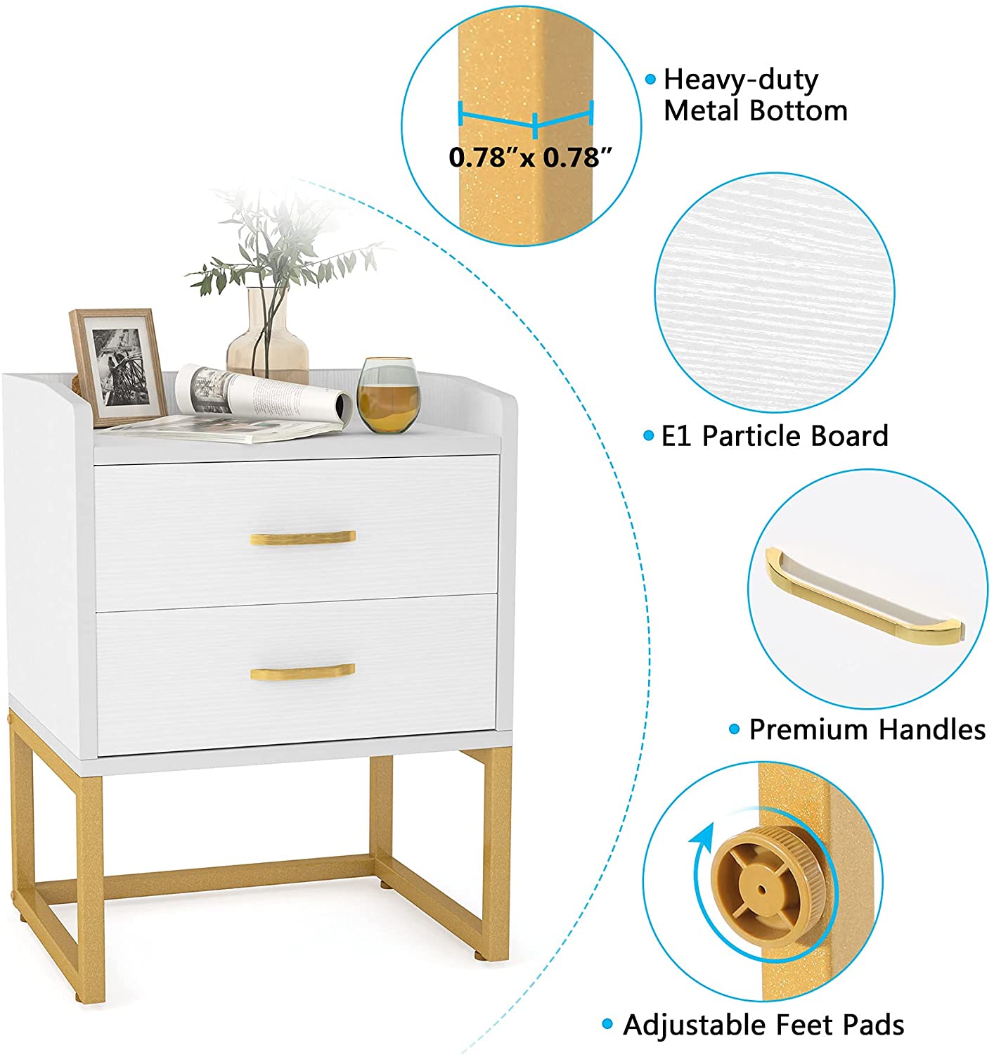 Tribesigns 2 Drawer Nightstand Set of 2, Modern Wood Night Stands Bedside Table for Bedroom, Sofa End Table, White and Gold