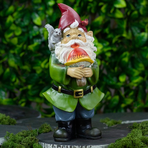 Welcome Gnome With Squirrel And Cardinal Outdoor Garden Statue