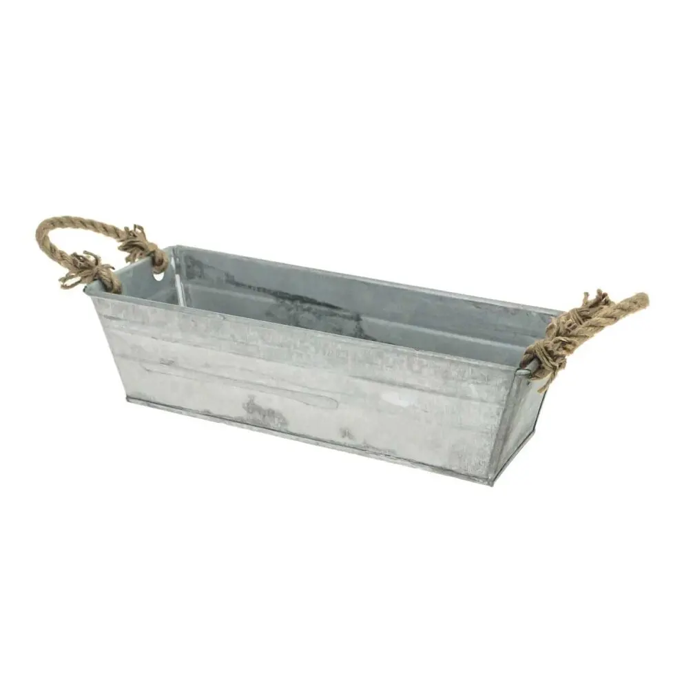 Rustic Rectangle Galvanized Zinc Metal Plant Flower Planter Pot with Rope Handle