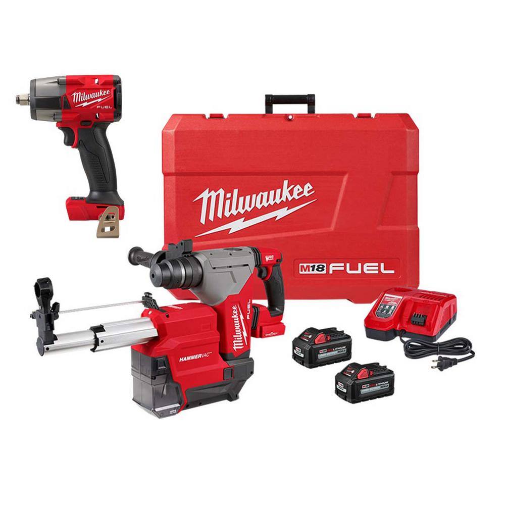 MW M18 FUEL 18V Lithium-Ion Brushless 1-18 in. Cordless SDS-Plus Rotary HammerDust Ext Kit wFUEL 12 in. Impact Wrench 2915-22DE-2962-20