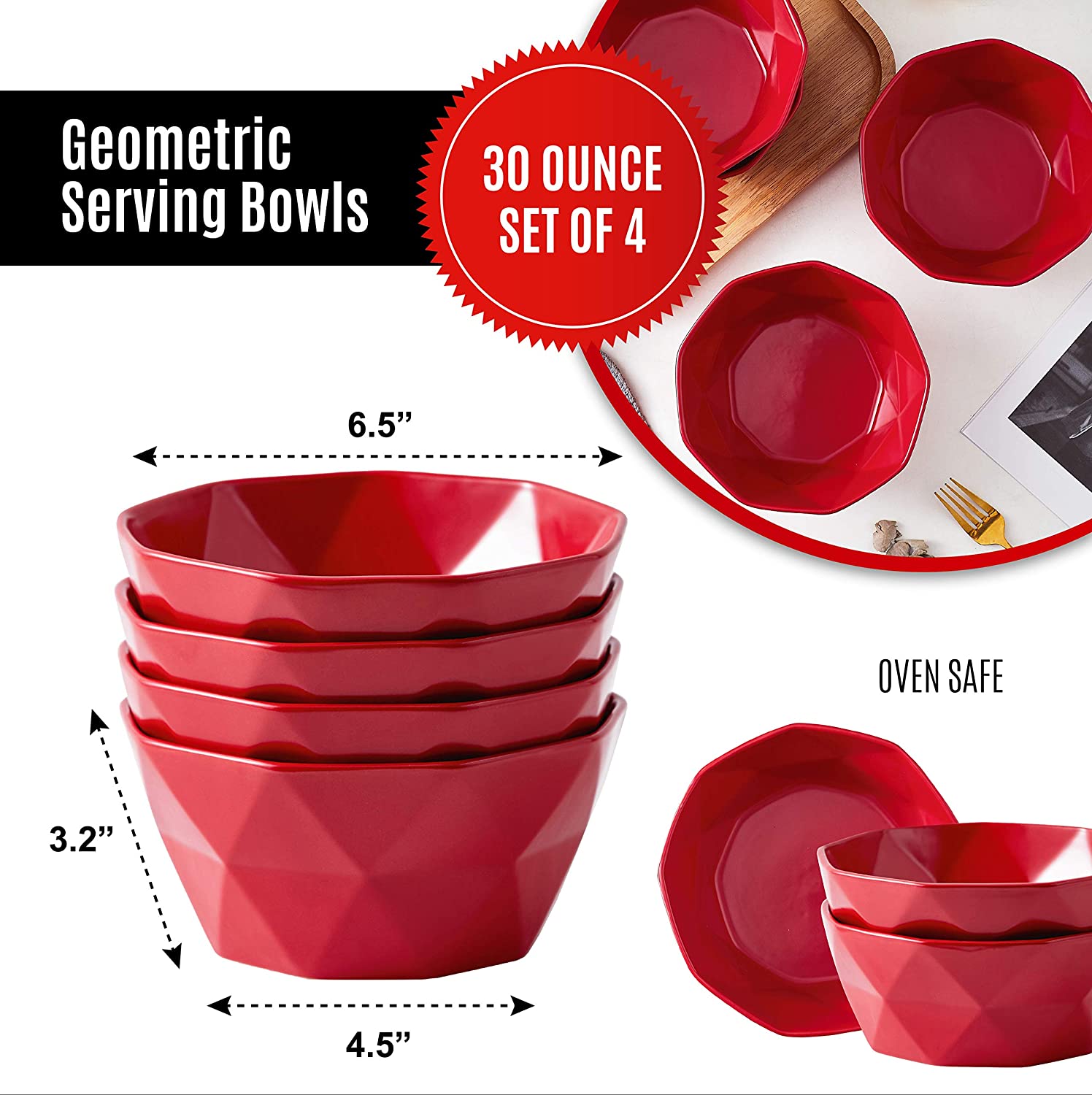 Bruntmor Geometric Matte 30 Oz Oven Safe Cereal Bowls Porcelain Large Serving Bowls for Soup， Cereal， Salads， Pasta， Set of 4 serving Bowls， Red