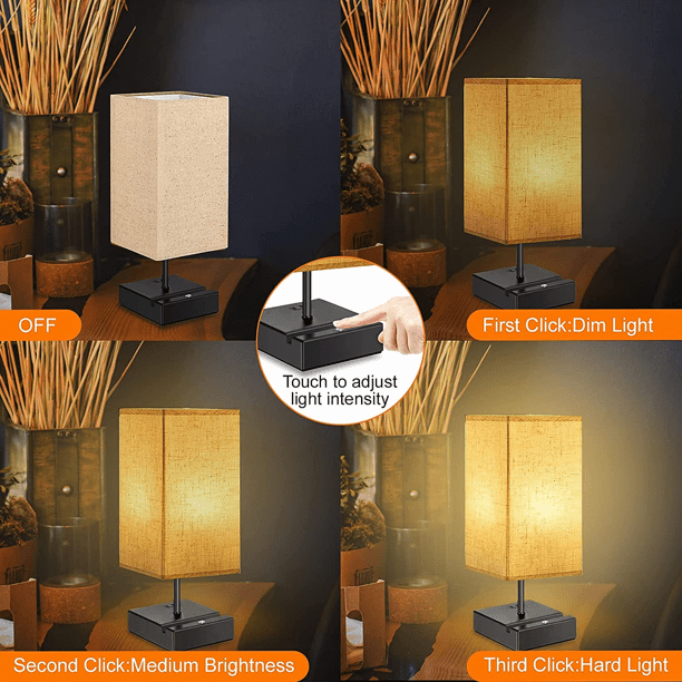 Eva's Light Nightstand Lamps set of 2, 3-Way Dimmable Bedside Lamp with USB / Type C Port and Outlet for Bedrooms