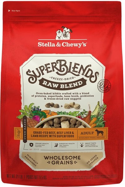 Stella and Chewy's SuperBlends Raw Blend Wholesome Grains Grass-Fed Beef， Beef Liver and Lamb Recipe with Superfoods Dry Dog Food