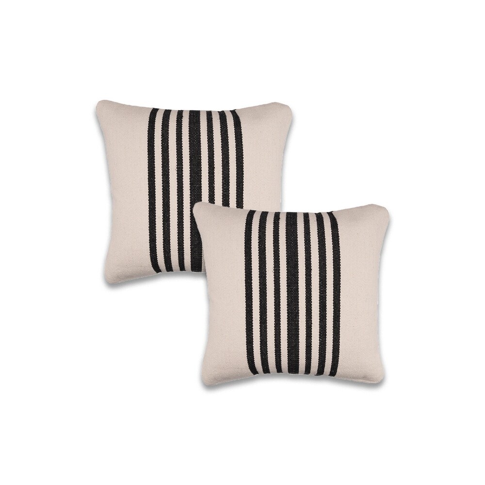 LR Home Black/White Striped Natural Cotton Square Pillow  Feather Filled  Set of 2