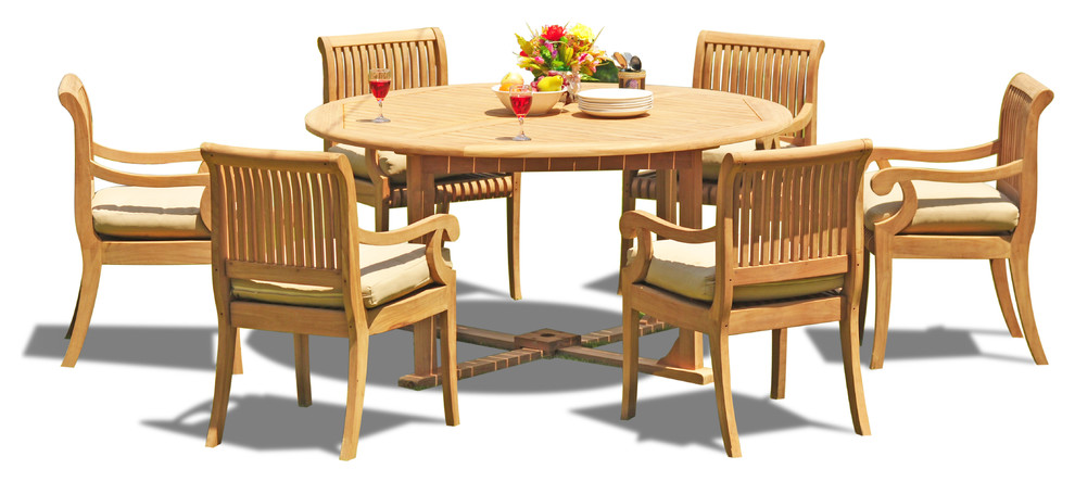 7 Piece Outdoor Teak Set  60 quotRound Table  6 Giva Chairs  Sunbrella Cushion   Transitional   Outdoor Dining Sets   by Teak Deals  Houzz