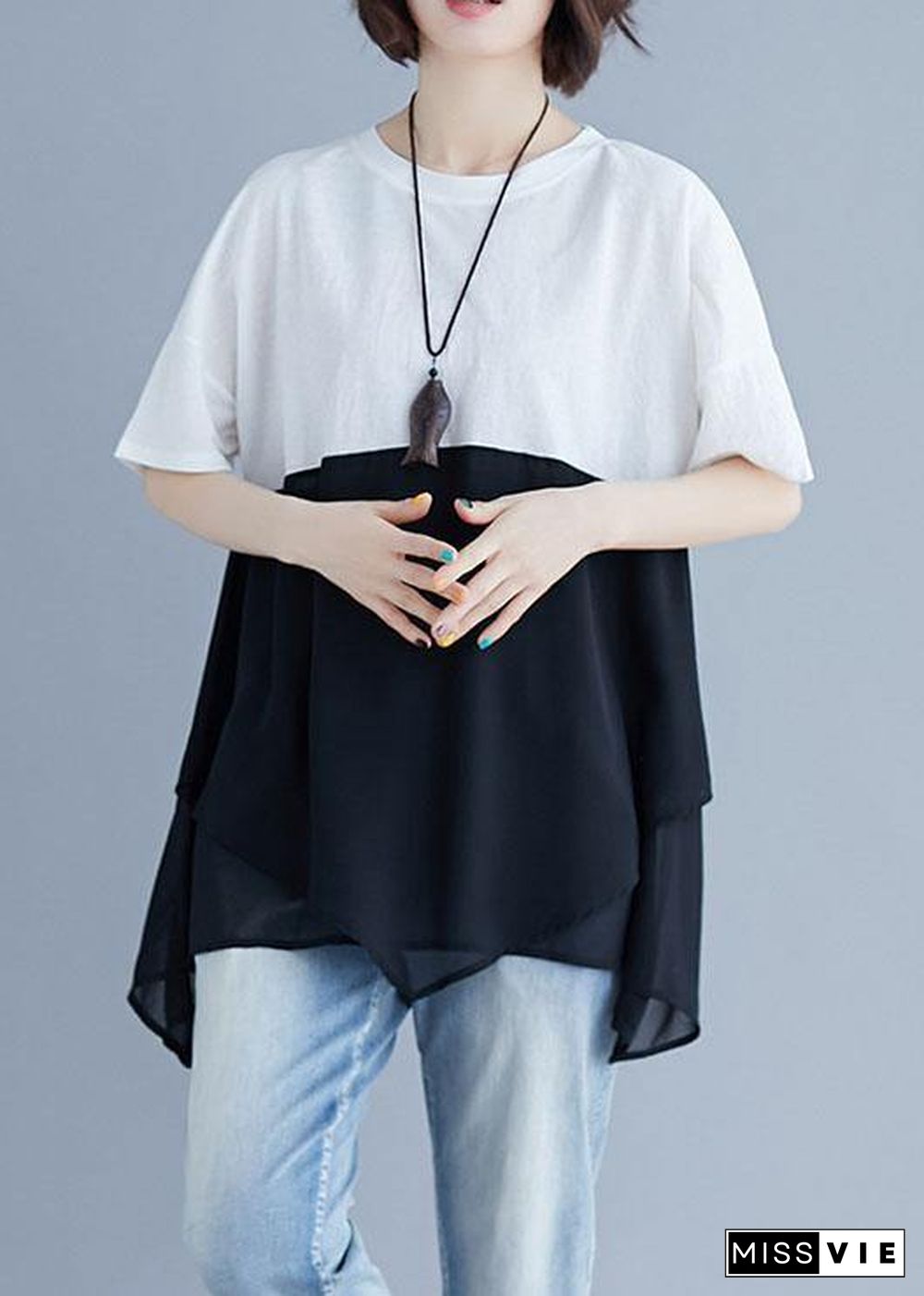 French o neck patchwork chiffon shirts women Inspiration white shirt summer