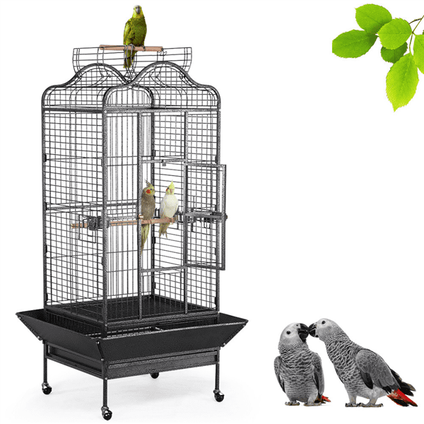 Extra Large Bird Cage with Rolling Stand， 3 Feeding Bowls and 2 Perches， Black