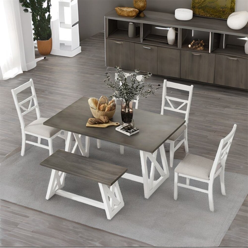 Dining Table Set with 4 Upholstered Chairs and Wood Bench（Set of 6）