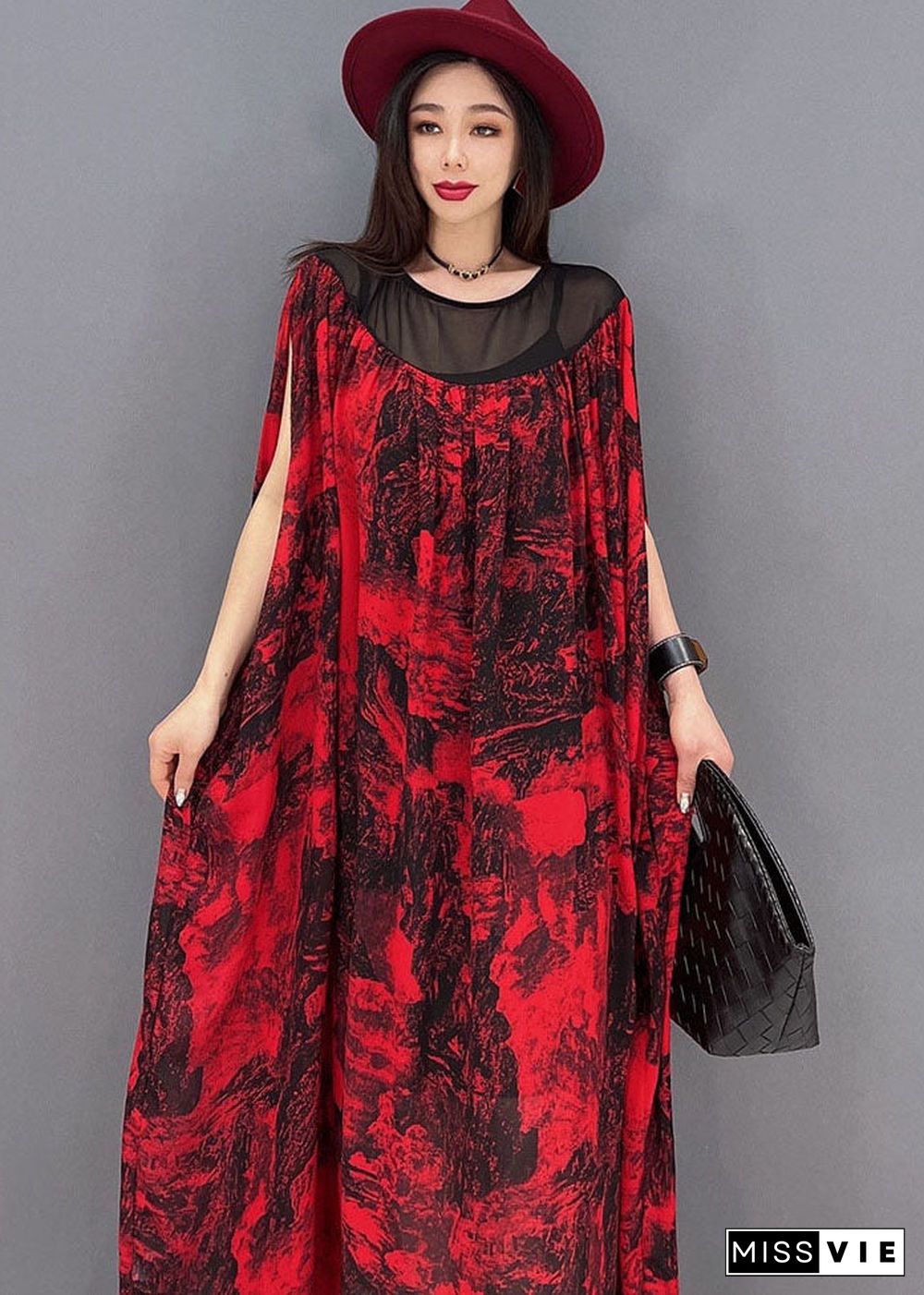 Loose Red Oversized Patchwork Print Chiffon Beach Dress Batwing Sleeve