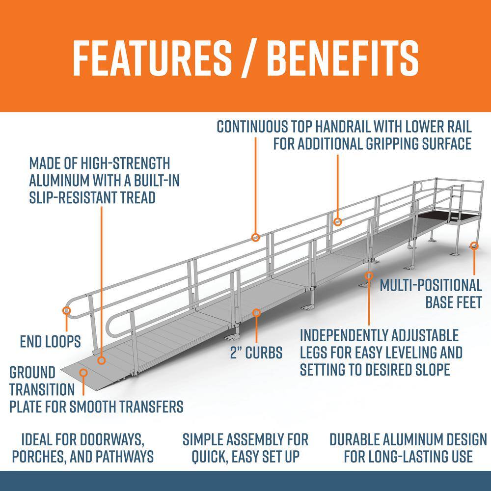 EZ-ACCESS PATHWAY 30 ft. Straight Aluminum Wheelchair Ramp Kit with Solid Surface Tread 2-Line Handrails and 4 ft. Top Platform PS30S44T