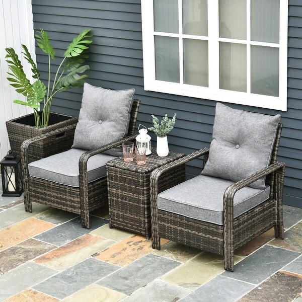 Outsunny 3 Piece PE Rattan Wicker Bistro Set with Cushions，Conversation Furniture Set for Backyard，Garden，Patio