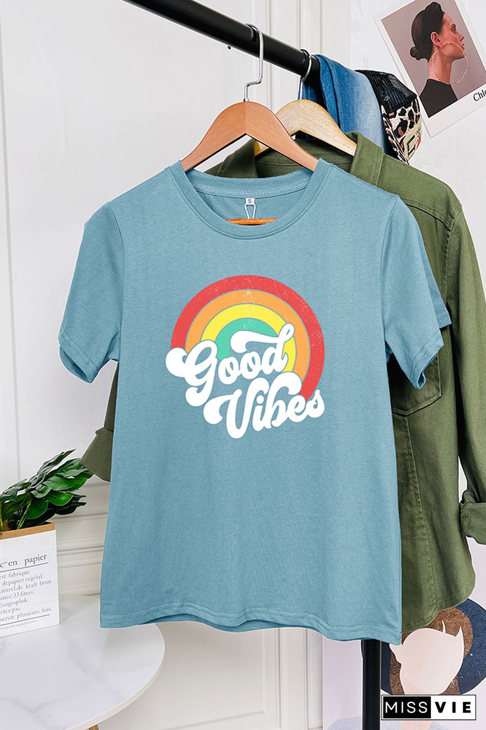 Good Vibes Vintage Rainbow Short Sleeve Graphic Tee Wholesale