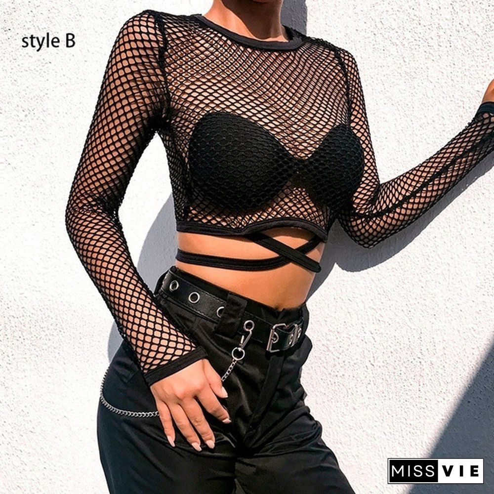 Women's Summer Fashion Black Fishnet Tops Sexy Hollow Long Sleeve Mesh Tops T-shirt Sheer Tops