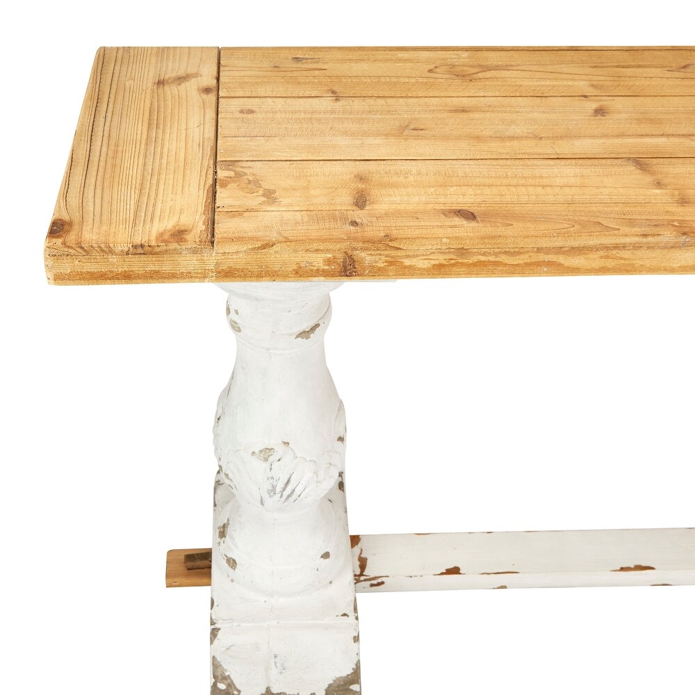 White Wood Distressed Console Table with Brown Wood Top   59 x 16 x 29