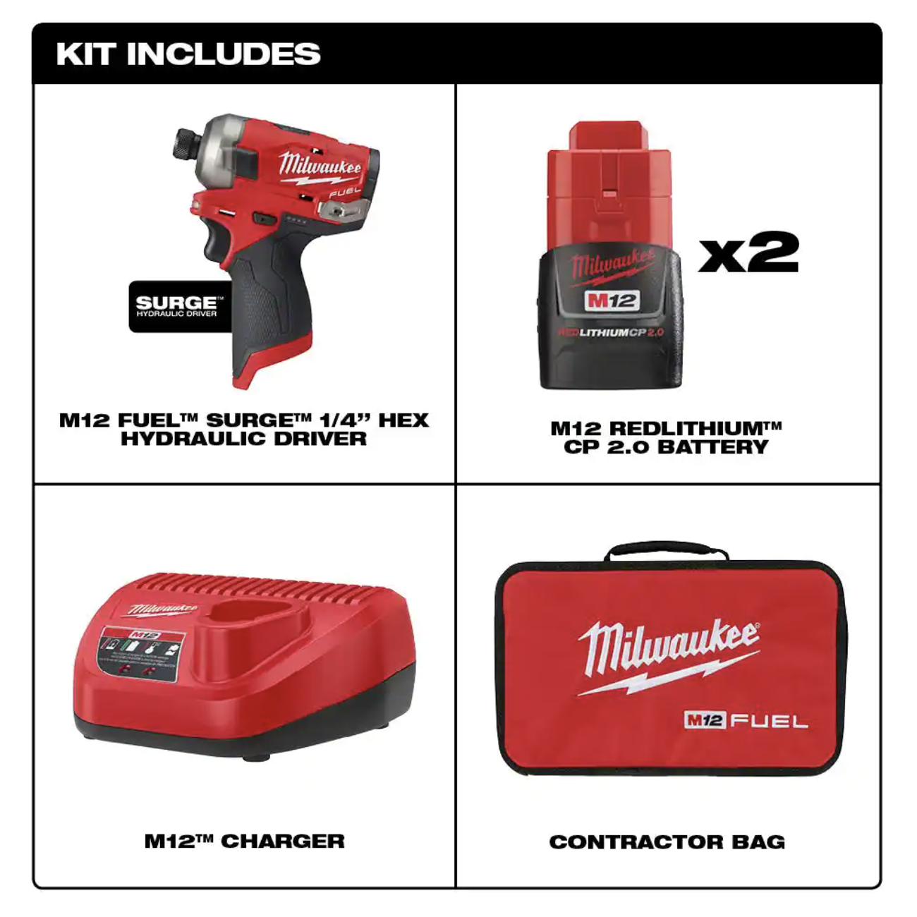 Milwaukee M12 Fuel Surge 12V Lithium-Ion Brushless Cordless 1/4 in. Hex Impact Driver Compact Kit w/Two 2.0Ah Batteries， Bag