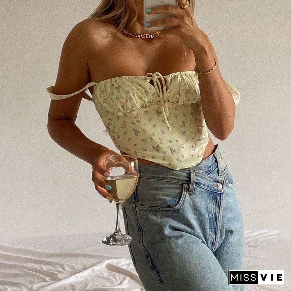 Women Sexy Floral Camis Top Spaghetti Straps Boned Fashion Printed Bustier Corset Tight Slim Low-Cut Crop Camisole Top