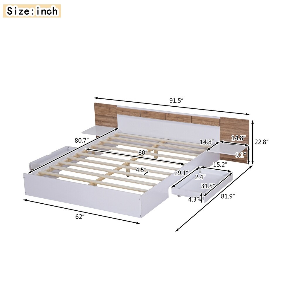 Queen Size Platform Bed with Headboard  Drawers  Shelves  USB Ports and Sockets  White