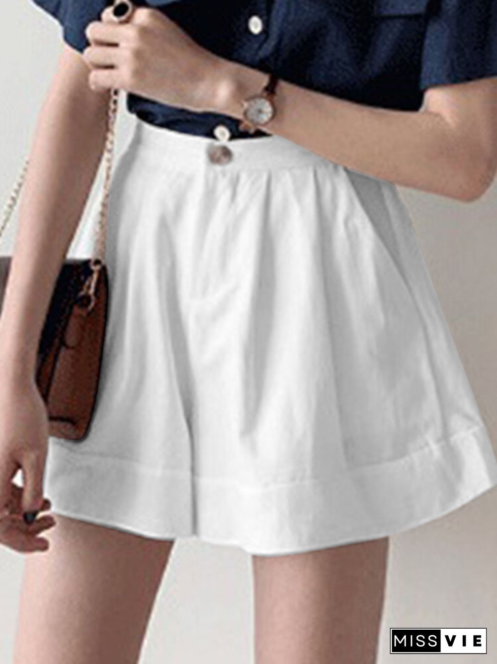 Solid Loose Button Elastic Waist Wide Leg Casual Shorts