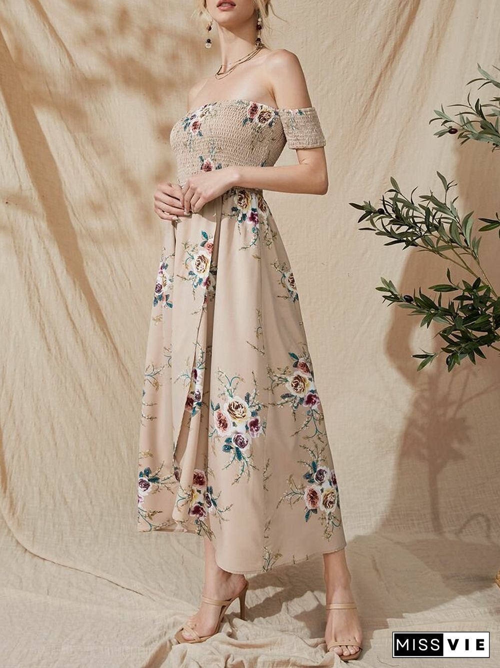 Flower Print Short Sleeve Asymmetrical Hem Maxi Dress