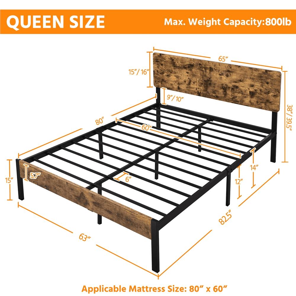 Easyfashion Metal Bed Frame with Wooden Headboard Rustic Brown Queen  Crowdfused