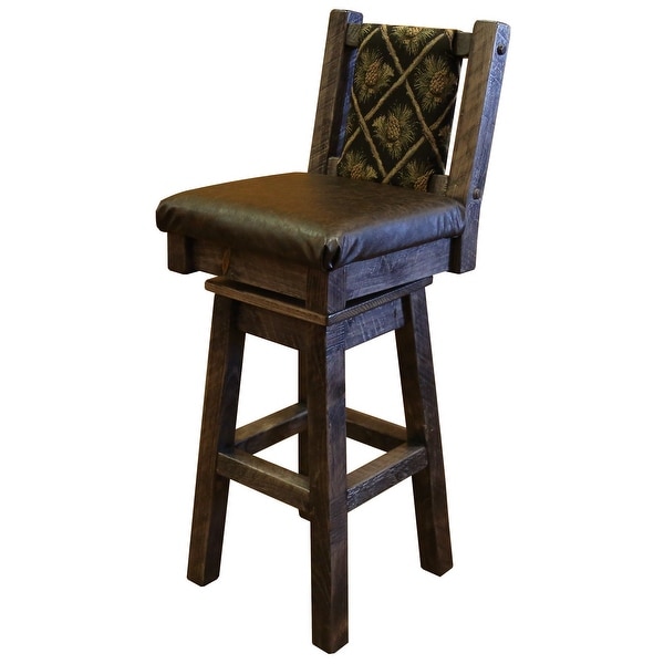 Farmhouse Timber Peg Swivel Upholstered Barstool with Back