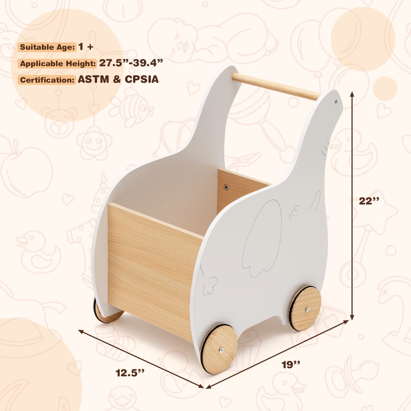 BABY JOY Baby Wooden Push Walker, 2-in-1 Toddler Learning Walker w/ Toy Storage Chest