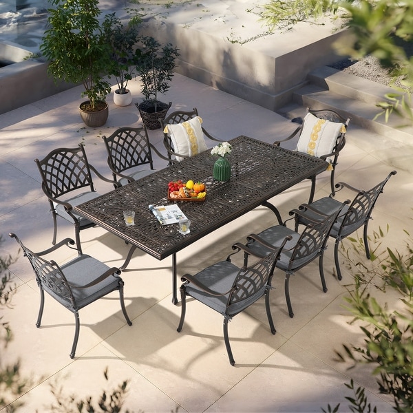 Aluminum 9Piece Outdoor Rectangular Dining Set with Cushions and Umbrella hole