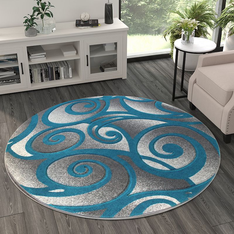 Masada Rugs Masada Rugs DaVincii Collection 6'x6' Round Turquoise， White and Gray Modern Woven Area Rug， Hand Carved Sculpting -Design D241