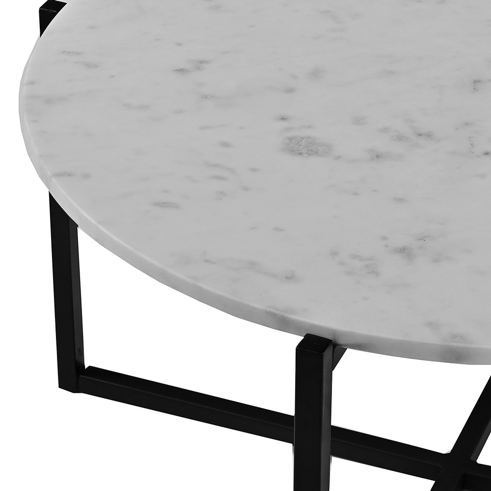 Ivy 30 Inch Marble Top Round Coffee Table with Metal Frame  White and Black