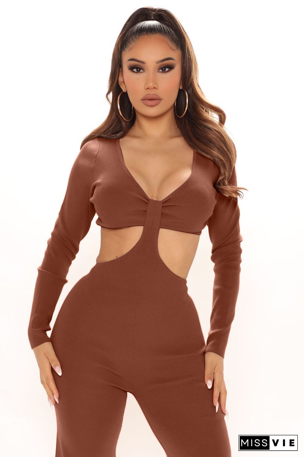 V Neck Long Sleeve Hollow Out Bodycon Jumpsuits