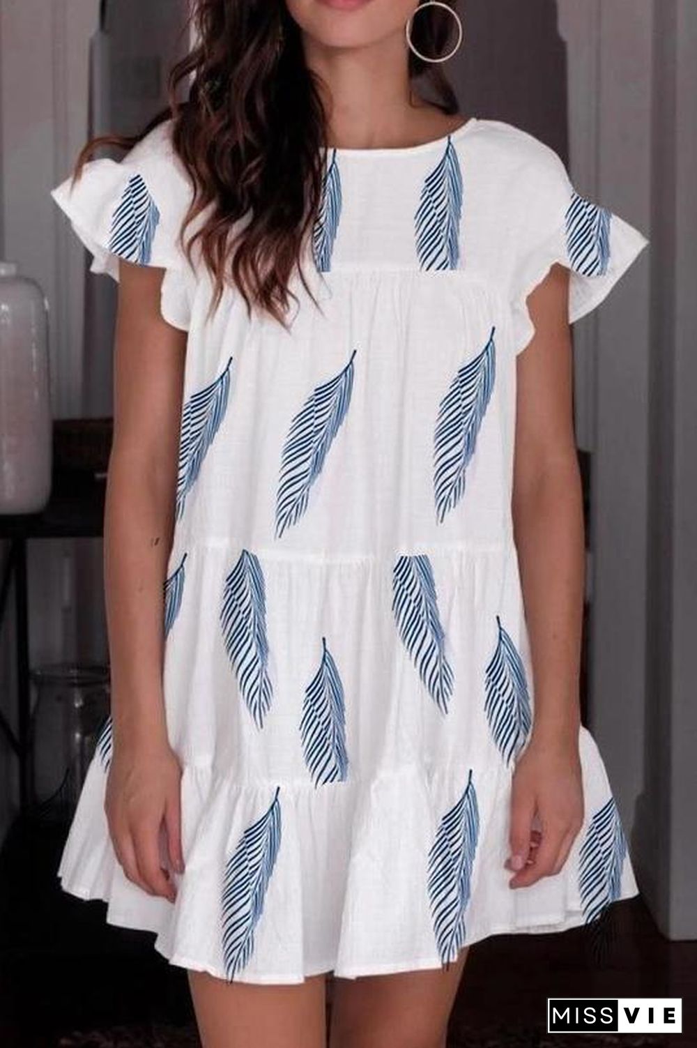 Ruffle Feather Print Casual Dress