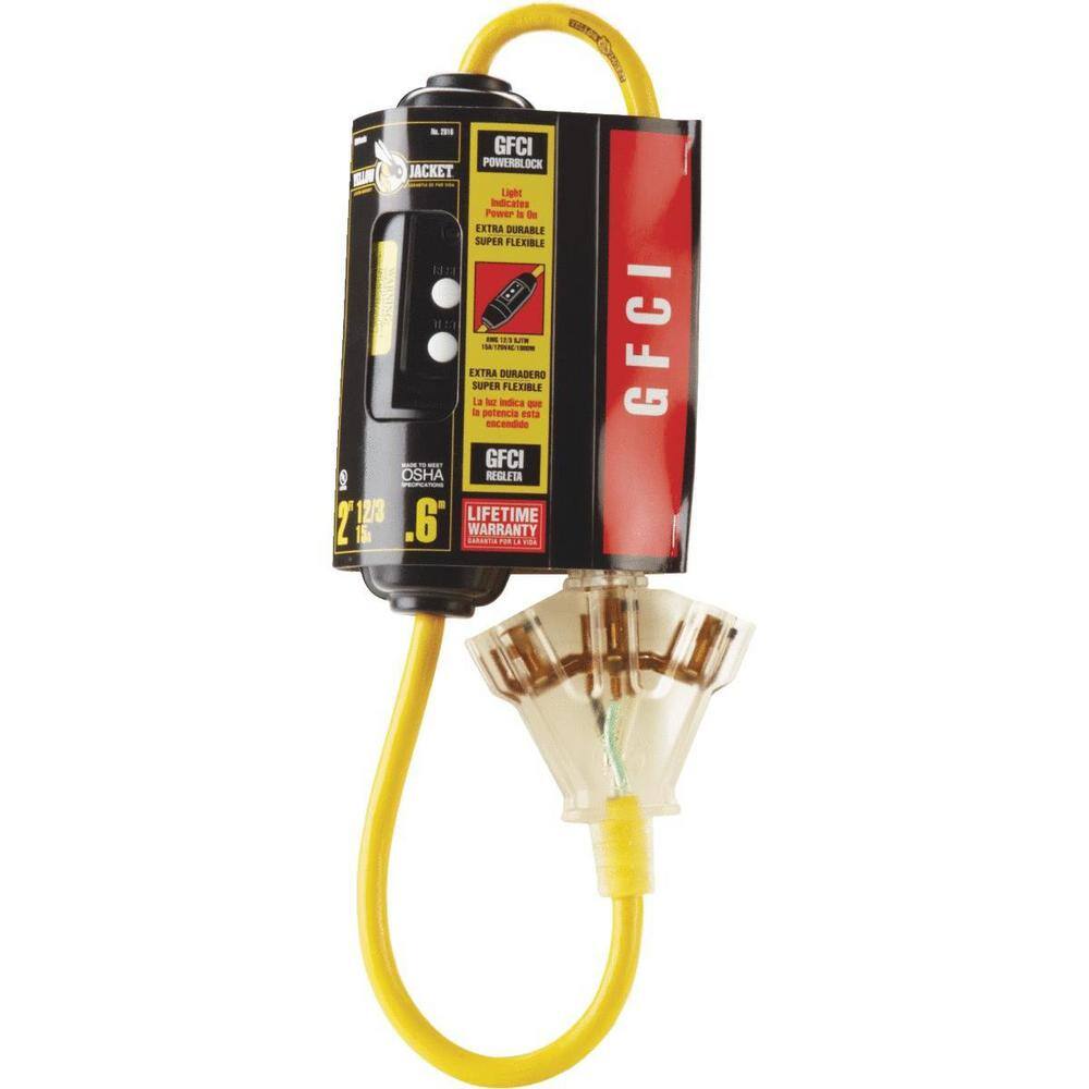 Yellow Jacket 2 ft. 123 SJTW In-Line GFCI Heavy-Duty Cord with Multi-Outlet (3) Power Light Block 2816