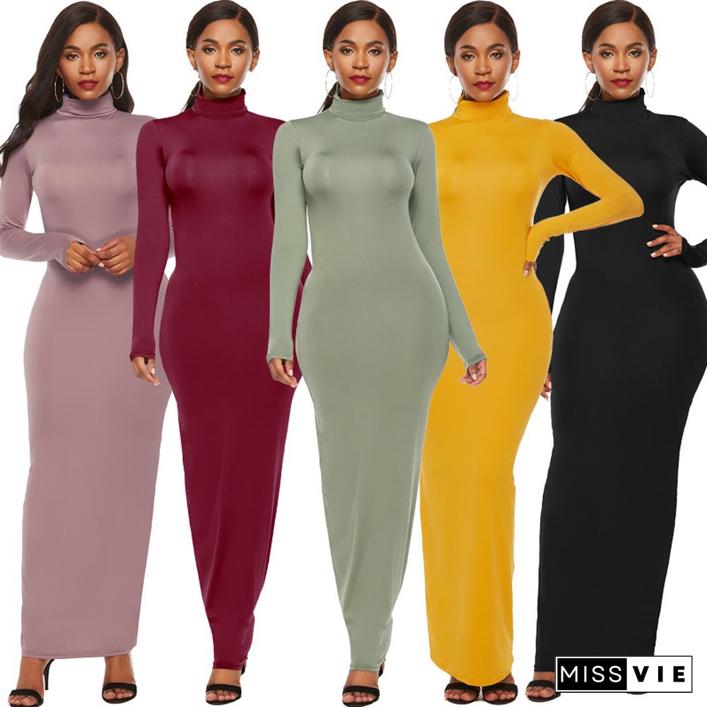 Fashion Solid Color Dress Women Long Sleeve Stretch Slim High Neck Dress Vestido Feminino