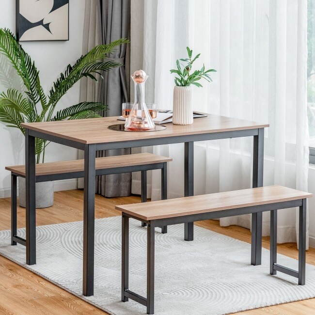 3 Pieces Modern Dining Table Bench Set with Wooden Tabletop and Metal Frame