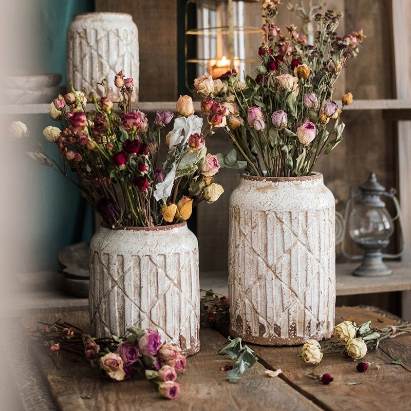 RusticReach Distressed White Ceramic Flower Jar Vase