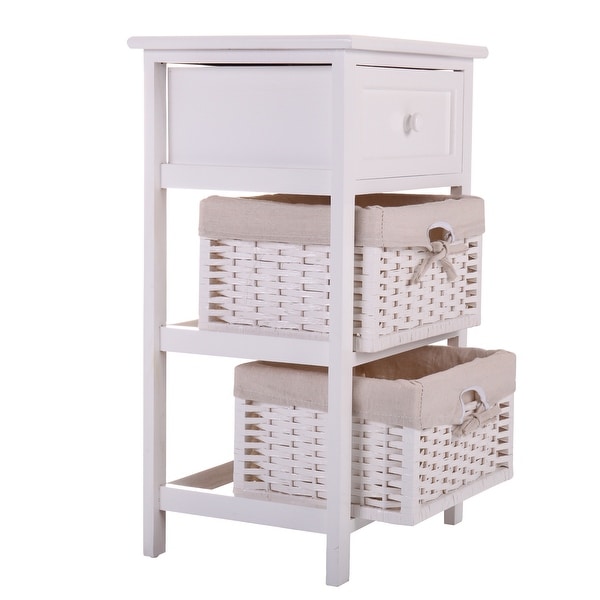 Wood Side Table With Drawer and 2 Basket in White