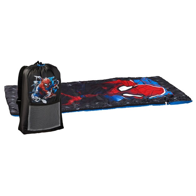 Exxel Marvel Spiderman Superhero Kids Outdoor Youth Sized 2 Piece Camping Set With Matching Sleeping Bag And Carrying Backpack