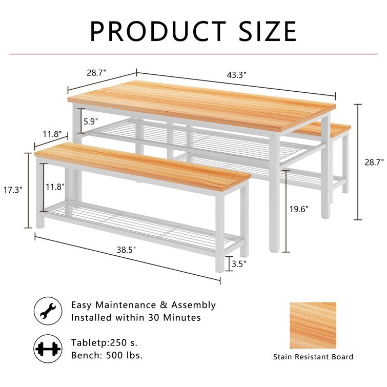 3 Piece Dining Table Set  4   Person Dining Set  Kitchen Dining Table with 2 Benches  Dining Room Table Set with Storage Rack