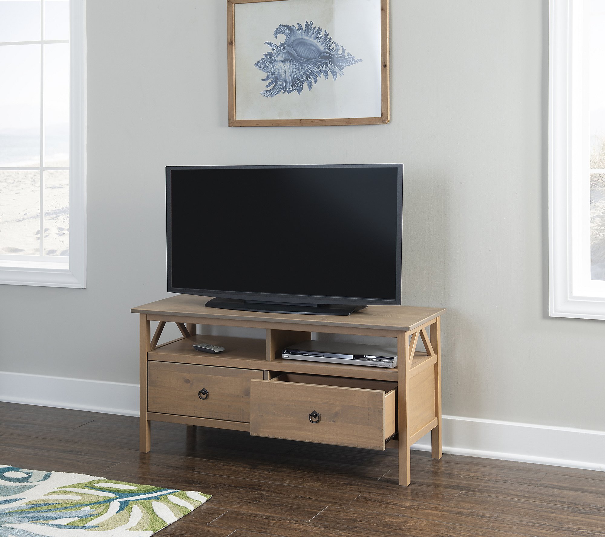 Linon Home Hollis Driftwood TV Stand W  Open Shelf and 2 Drawers