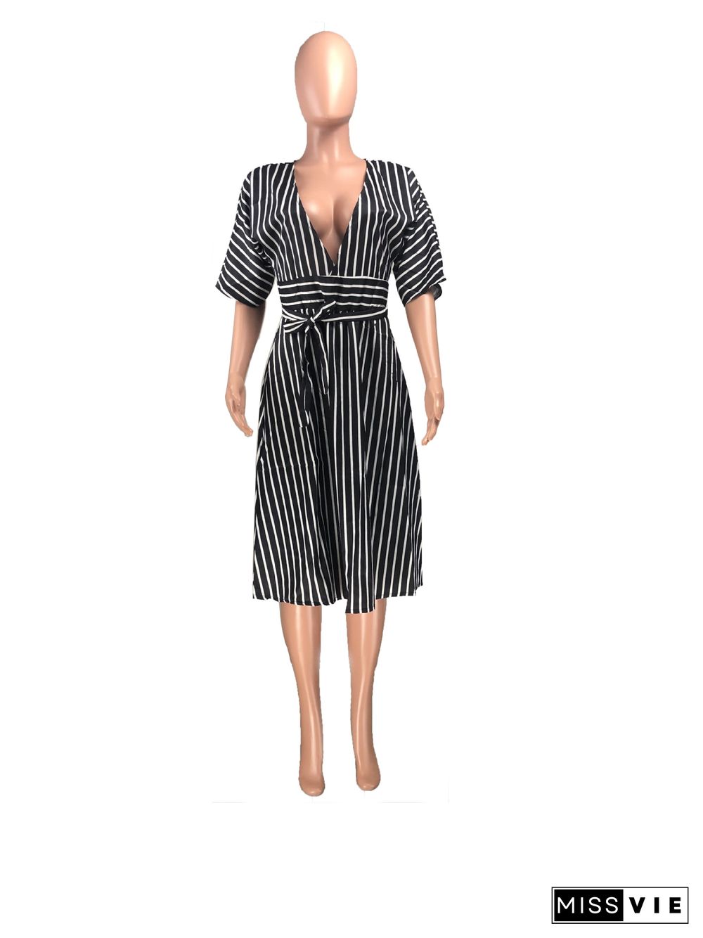 Deep V Neck Short Sleeve Striped Print Midi Dress