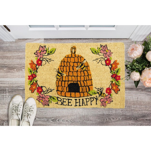 Bee Happy Sentiment Bee Hive Rectangle Indoor And Outdoor Coir Door Welcome Mat Multicolored On Beige Background