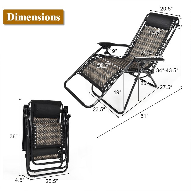 Tangkula Grey Folding Recliner Patio Rattan Zero Gravity Lounge Chair With Headrest