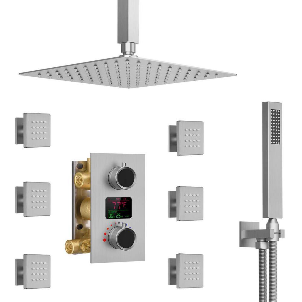 GRANDJOY Pressure Balance Temperature Display 3-Spray Ceiling Mount 12 in. Fixed Handheld Shower Head 2.5 GPM in Brushed Nickel GJSFS-1015-NK12