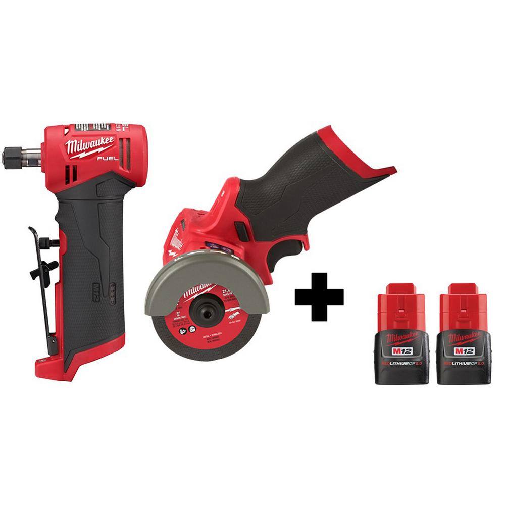 MW M12 FUEL 12V Lithium-Ion Brushless Cordless 14 in. Right Angle Die Grinder and Cut Off Saw with 2 Batteries 2485-20-2522-20-48-11-2420X2