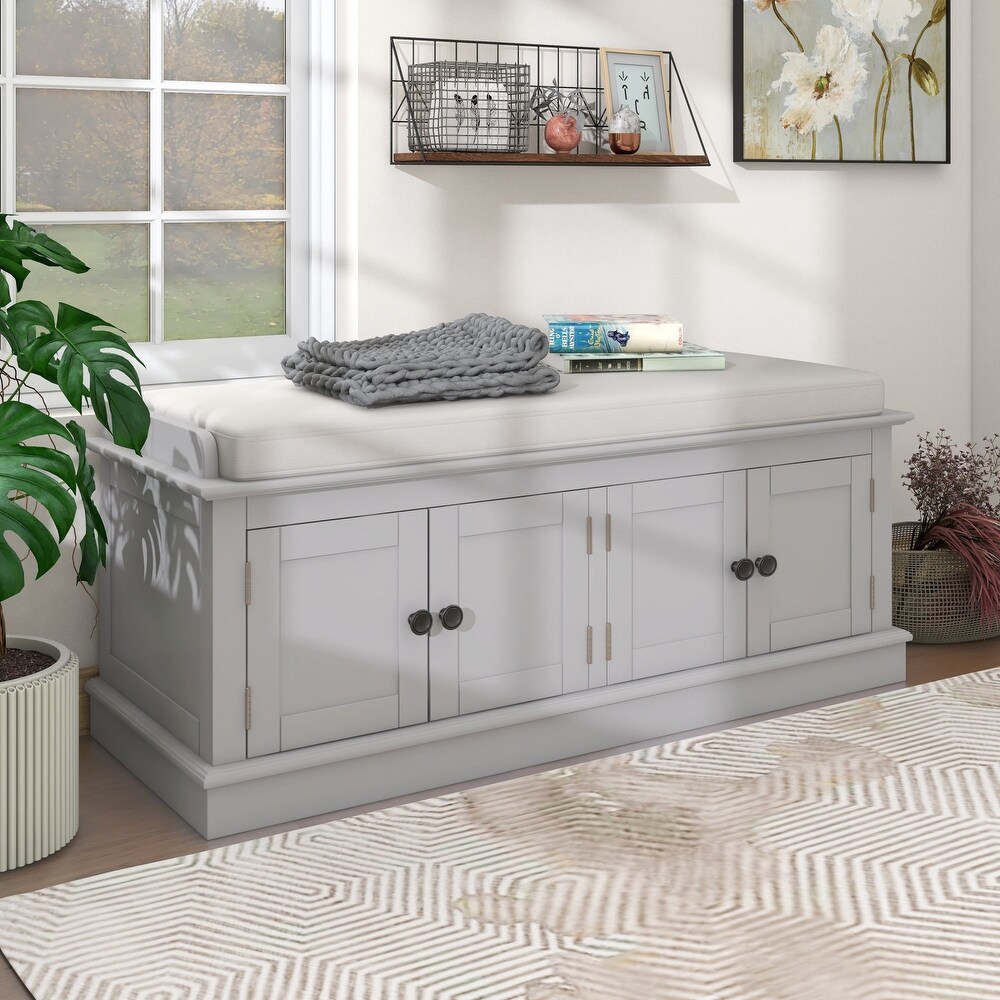 Entryway Storage Bench Linen Cushion Shoe Bench w/Removable Cushion